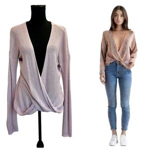 Pastel dusty rose pink crisscross draped knit sweater lightweight long sleeves M